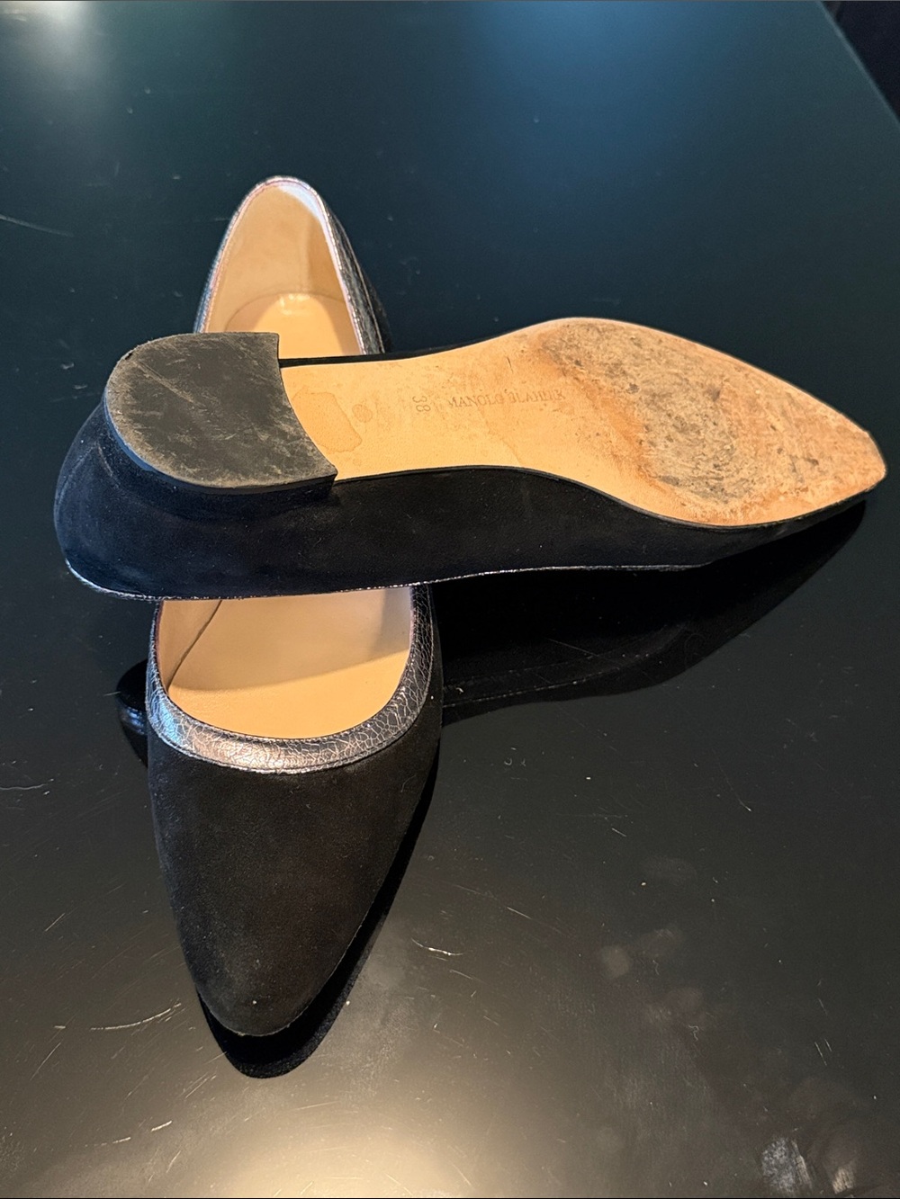 Manolo Blahnik Black Suede Pointed Flats with Metallic Trim